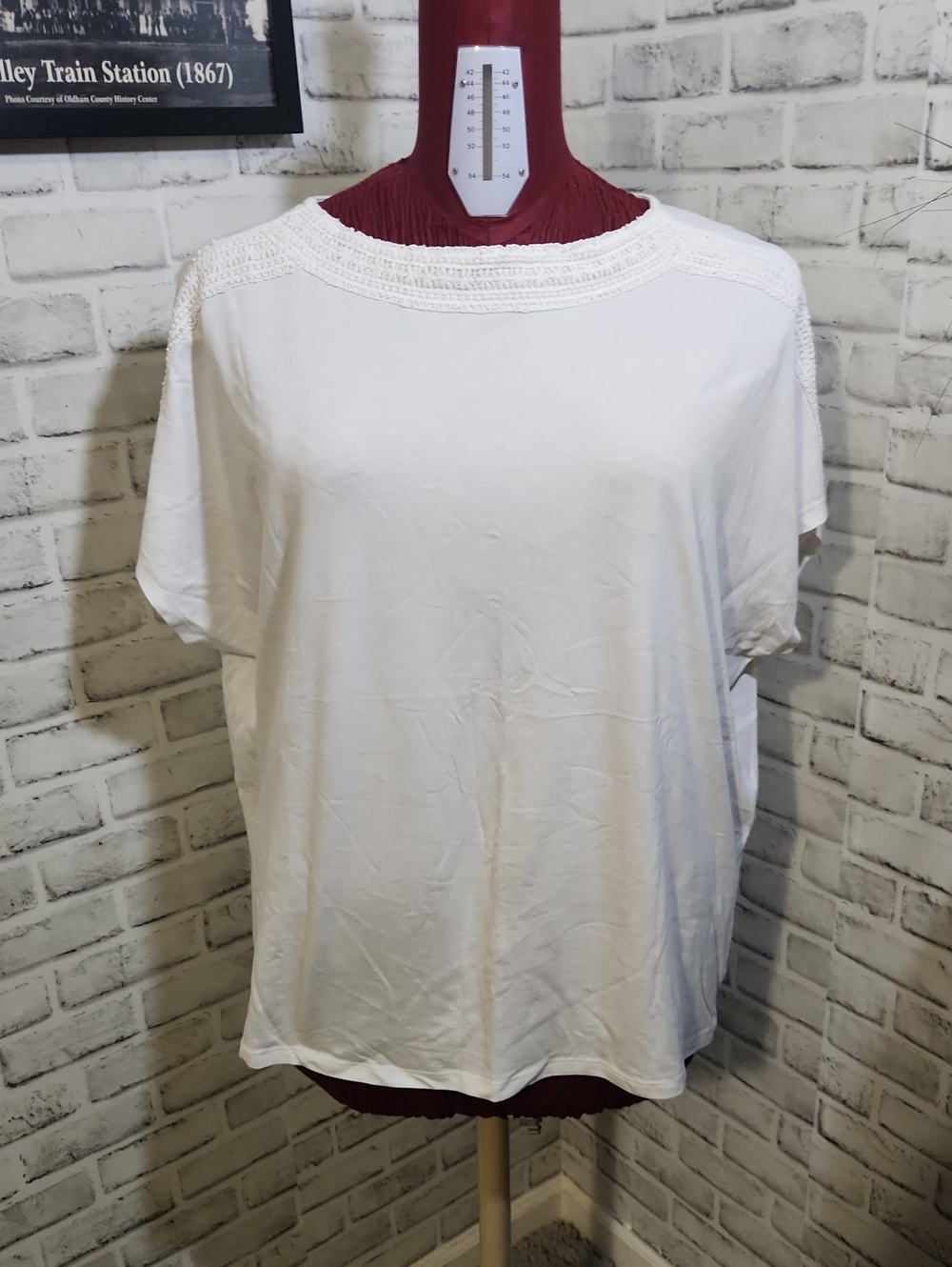 Karen Scott White Crochet-Yoke Short Sleeve Tee